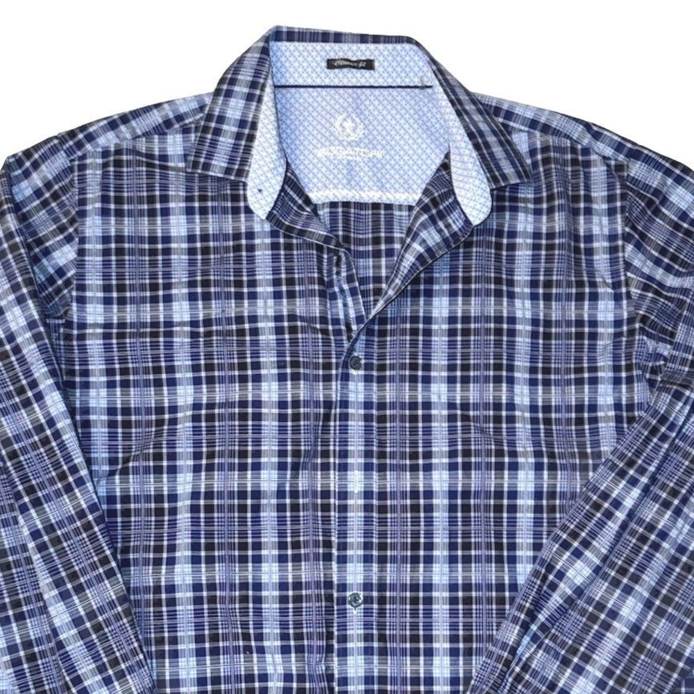 Bugatchi Blue Plaid Shirt Size XL Date Night Cocktail Party Dance Club Las Vegas